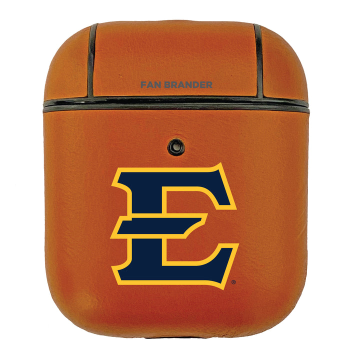 Fan Brander Tan Leatherette Apple AirPod case with Eastern Tennessee State Buccaneers Primary Logo