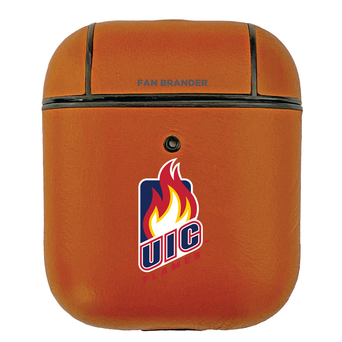 Fan Brander Tan Leatherette Apple AirPod case with Illinois @ Chicago Flames Primary Logo
