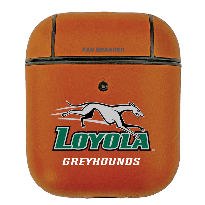 Fan Brander Tan Leatherette Apple AirPod case with Loyola Univ Of Maryland Hounds Primary Logo