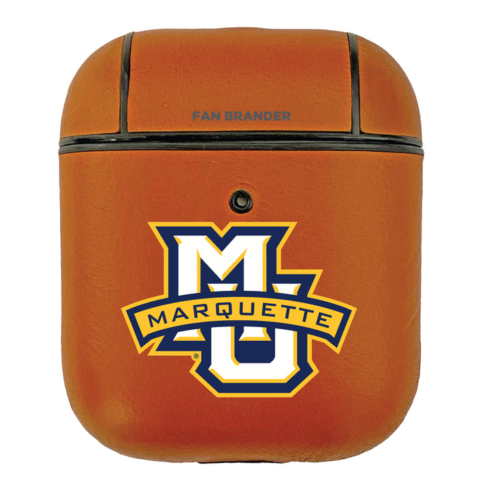 Fan Brander Tan Leatherette Apple AirPod case with Marquette Golden Eagles Primary Logo