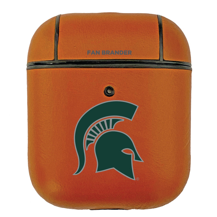 Fan Brander Tan Leatherette Apple AirPod case with Michigan State Spartans Primary Logo