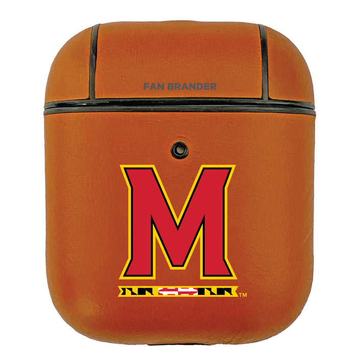 Fan Brander Tan Leatherette Apple AirPod case with Maryland Terrapins Primary Logo