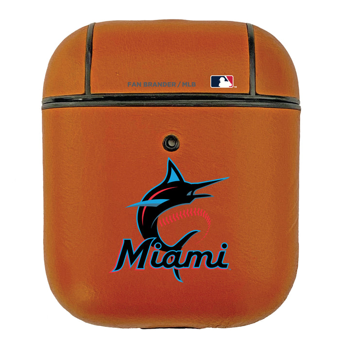 Fan Brander Tan Leatherette Apple AirPod case with Miami Marlins Primary Logo