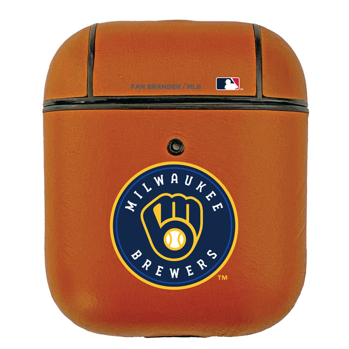 Fan Brander Tan Leatherette Apple AirPod case with Milwaukee Brewers Primary Logo
