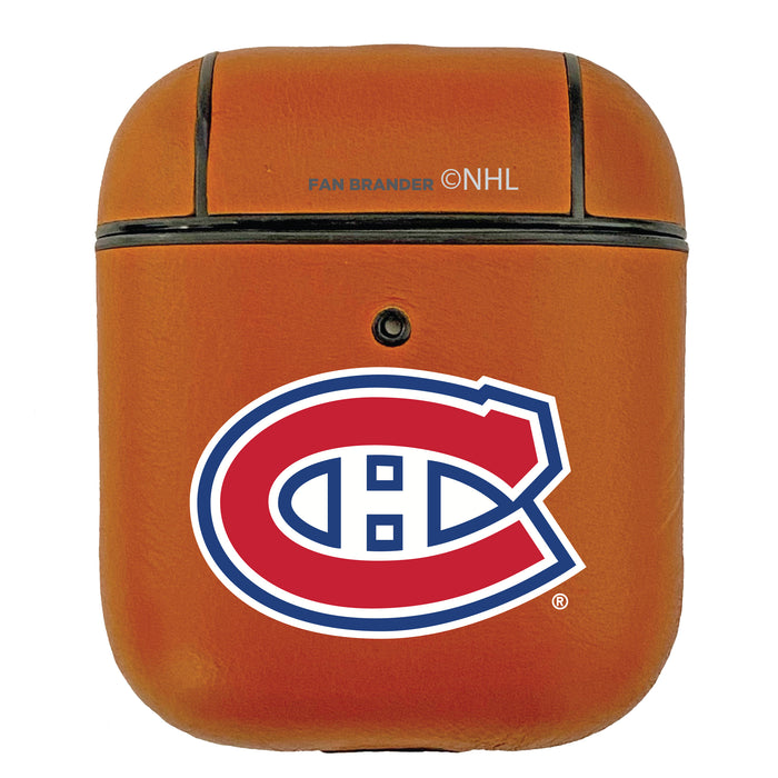 Fan Brander Tan Leatherette Apple AirPod case with Montreal Canadiens Primary Logo
