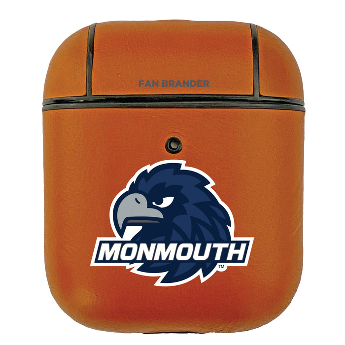 Fan Brander Tan Leatherette Apple AirPod case with Monmouth Hawks Primary Logo
