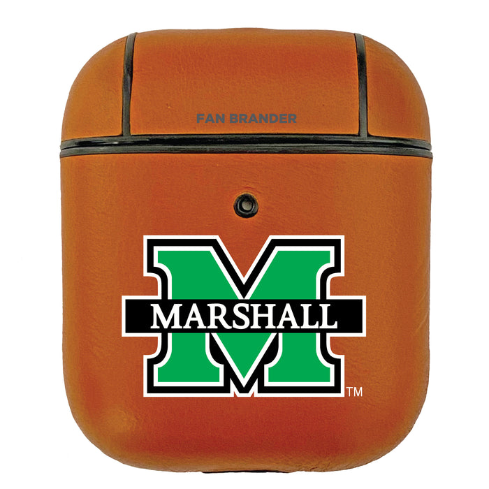 Fan Brander Tan Leatherette Apple AirPod case with Marshall Thundering Herd Primary Logo