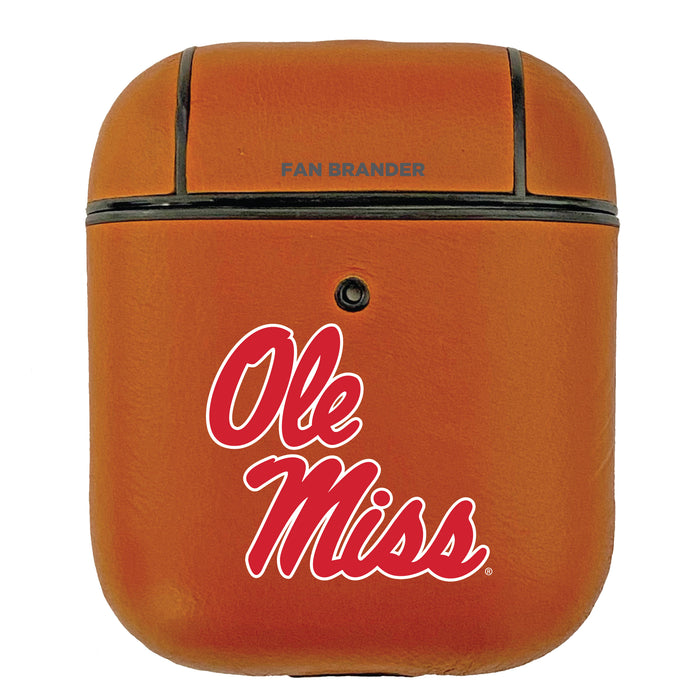 Fan Brander Tan Leatherette Apple AirPod case with Mississippi Ole Miss Primary Logo