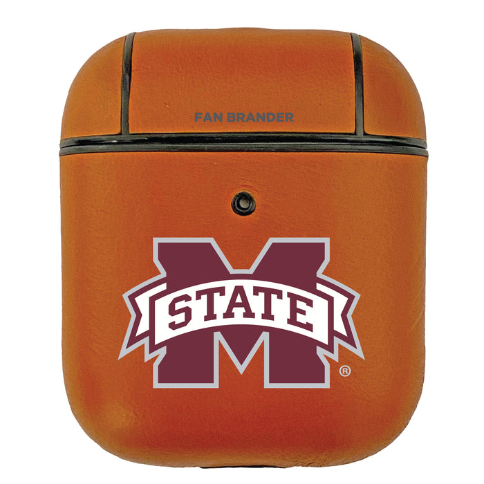 Fan Brander Tan Leatherette Apple AirPod case with Mississippi State Bulldogs Primary Logo