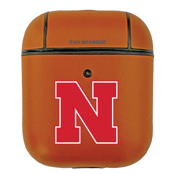 Fan Brander Tan Leatherette Apple AirPod case with Nebraska Cornhuskers Primary Logo
