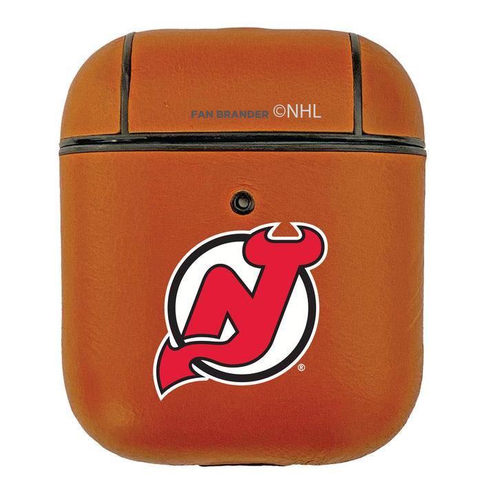 Fan Brander Tan Leatherette Apple AirPod case with New Jersey Devils Primary Logo