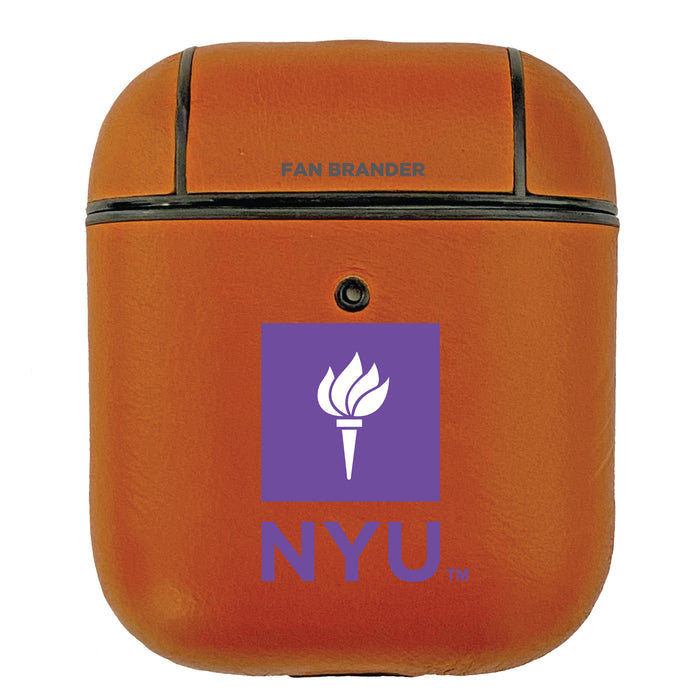 Fan Brander Tan Leatherette Apple AirPod case with NYU Primary Logo