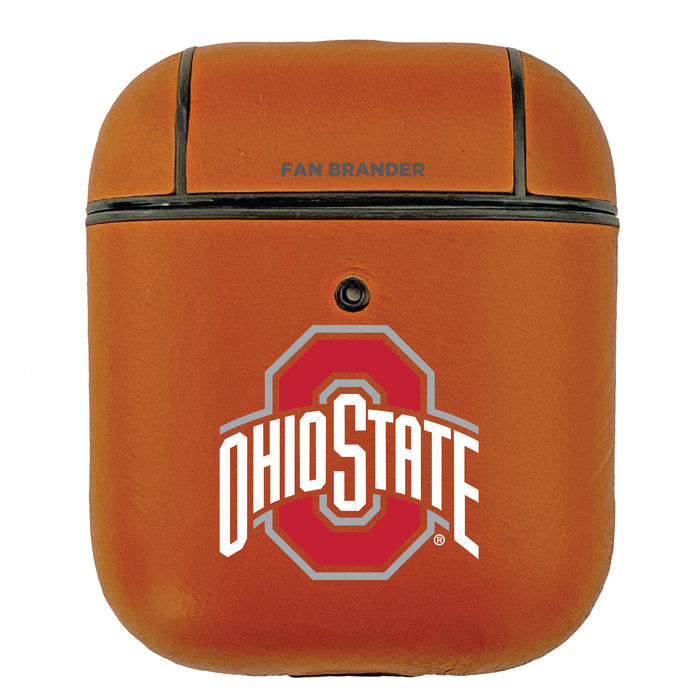 Fan Brander Tan Leatherette Apple AirPod case with Ohio State Buckeyes Primary Logo