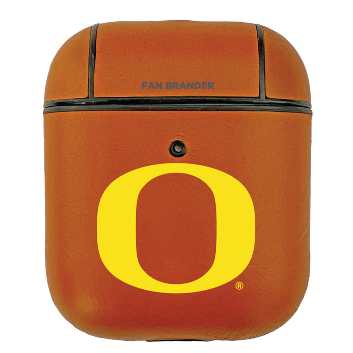 Fan Brander Tan Leatherette Apple AirPod case with Oregon Ducks Primary Logo