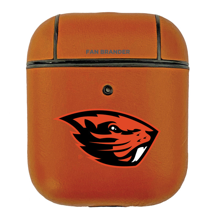 Fan Brander Tan Leatherette Apple AirPod case with Oregon State Beavers Primary Logo