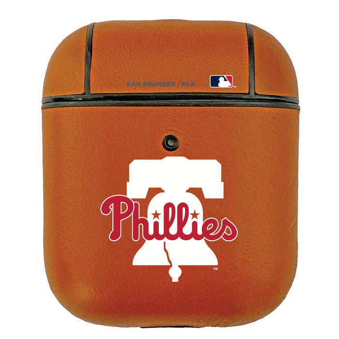 Fan Brander Tan Leatherette Apple AirPod case with Philadelphia Phillies Primary Logo