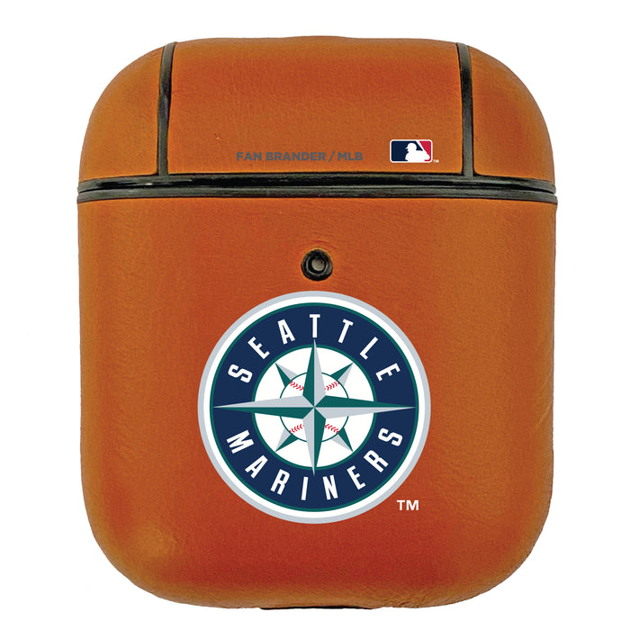Fan Brander Tan Leatherette Apple AirPod case with Seattle Mariners Primary Logo