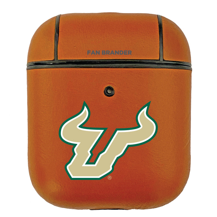 Fan Brander Tan Leatherette Apple AirPod case with South Florida Bulls Primary Logo