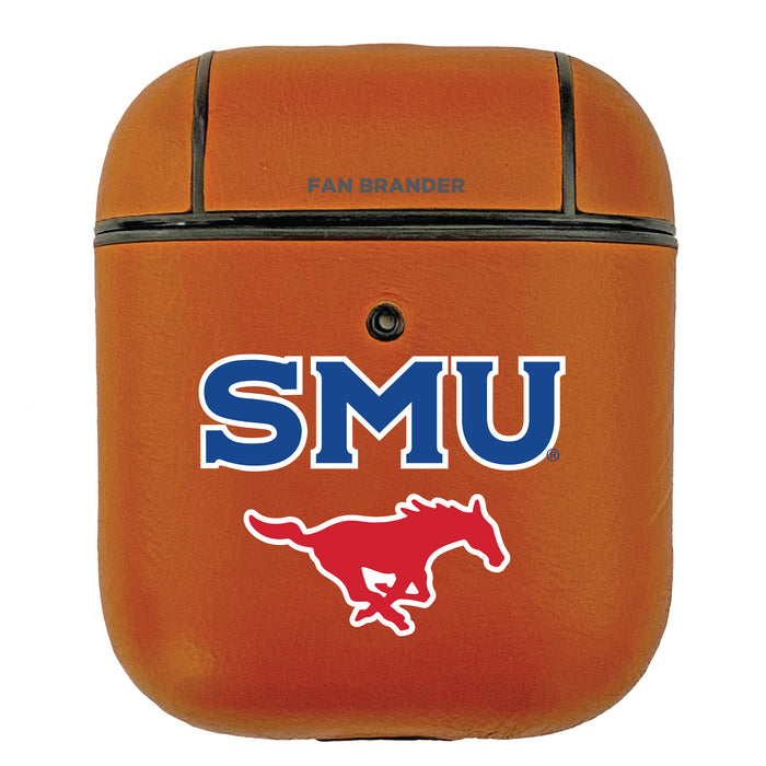 Fan Brander Tan Leatherette Apple AirPod case with SMU Mustangs Primary Logo