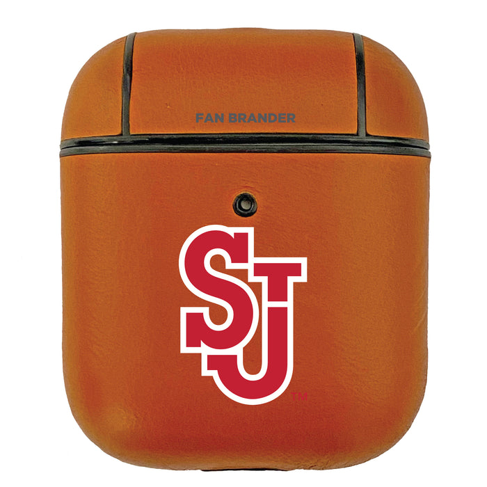 Fan Brander Tan Leatherette Apple AirPod case with St. John's Red Storm Primary Logo