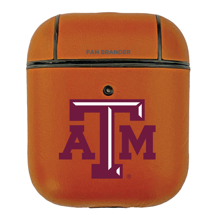 Fan Brander Tan Leatherette Apple AirPod case with Texas A&M Aggies Primary Logo