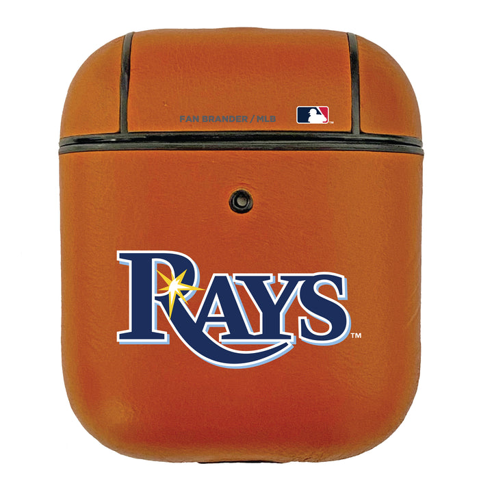 Fan Brander Tan Leatherette Apple AirPod case with Tampa Bay Rays Primary Logo