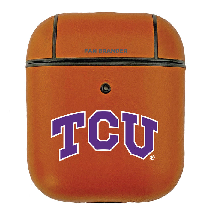 Fan Brander Tan Leatherette Apple AirPod case with Texas Christian University Horned Frogs Primary Logo