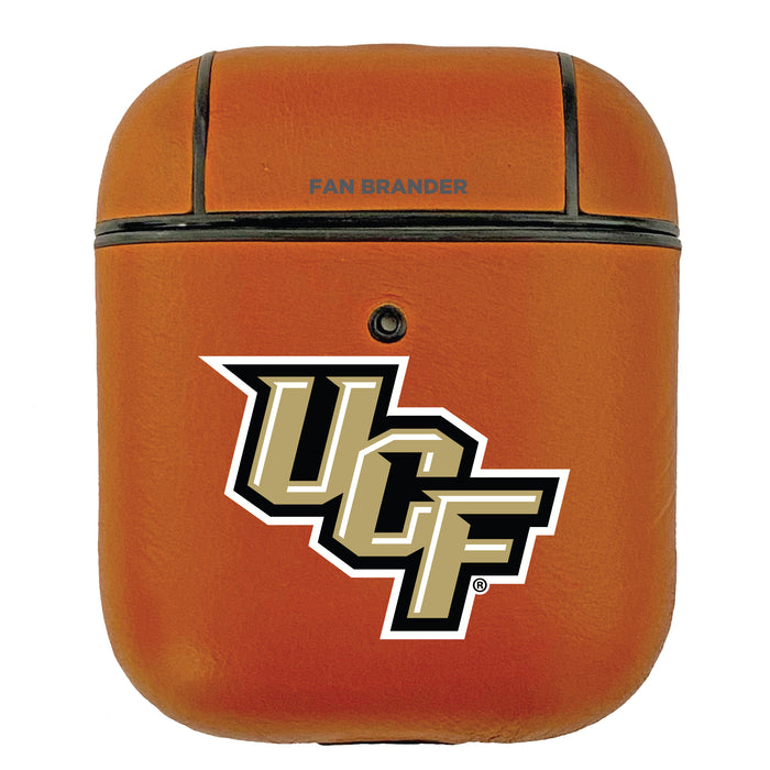 Fan Brander Tan Leatherette Apple AirPod case with UCF Knights Primary Logo