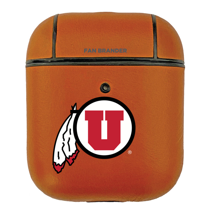 Fan Brander Tan Leatherette Apple AirPod case with Utah Utes Primary Logo