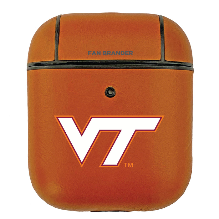 Fan Brander Tan Leatherette Apple AirPod case with Virginia Tech Hokies Primary Logo