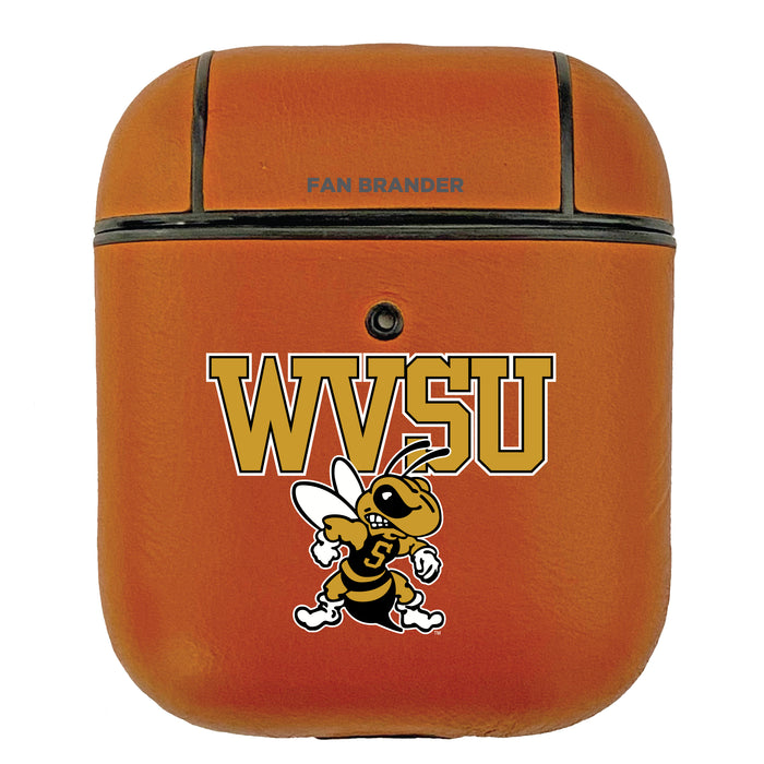 Fan Brander Tan Leatherette Apple AirPod case with West Virginia State Univ Yellow Jackets Primary Logo
