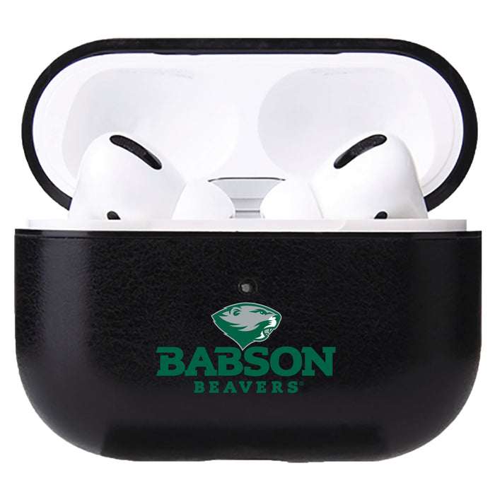 Fan Brander Black Leatherette Apple AirPod case with Babson University Primary Logo