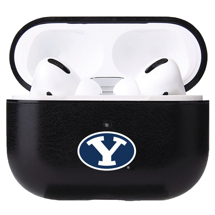 Fan Brander Black Leatherette Apple AirPod case with Brigham Young Cougars Primary Logo