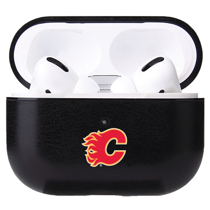 Fan Brander Black Leatherette Apple AirPod case with Calgary Flames Primary Logo