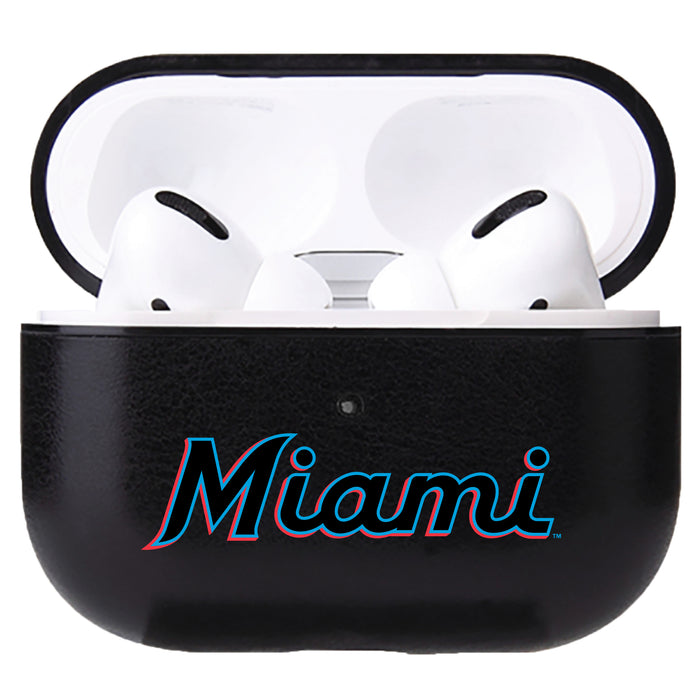 Fan Brander Black Leatherette Apple AirPod case with Miami Marlins Wordmark Logo