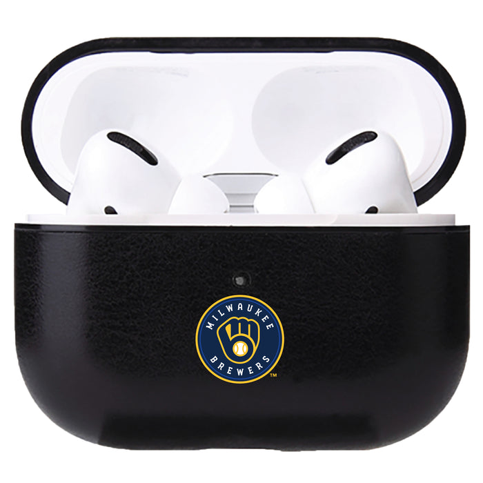 Fan Brander Black Leatherette Apple AirPod case with Milwaukee Brewers Primary Logo