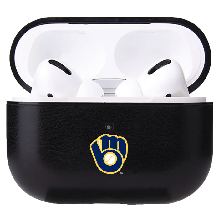 Fan Brander Black Leatherette Apple AirPod case with Milwaukee Brewers Secondary Logo