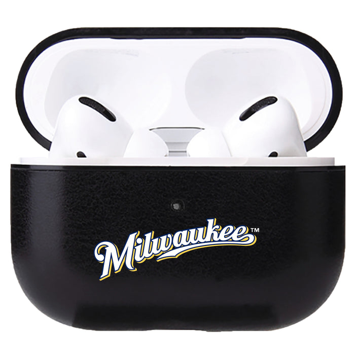 Fan Brander Black Leatherette Apple AirPod case with Milwaukee Brewers Wordmark Logo