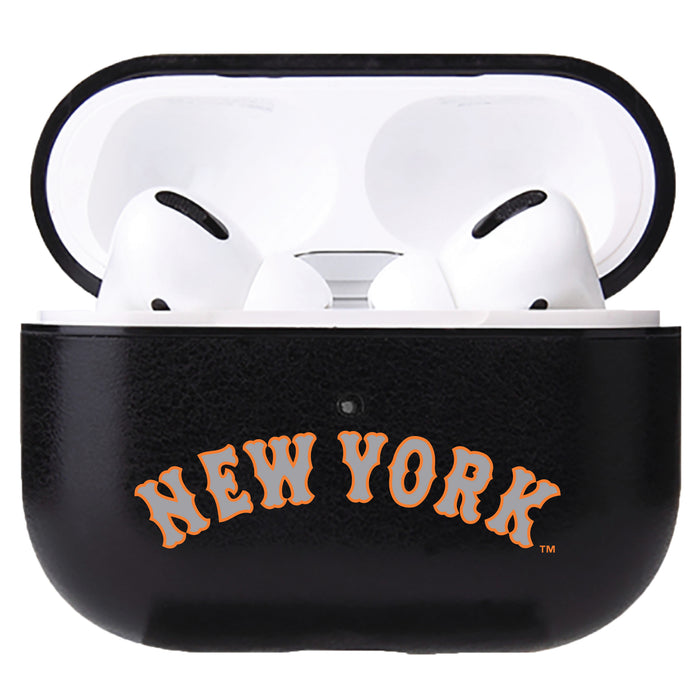 Fan Brander Black Leatherette Apple AirPod case with New York Mets Wordmark Logo