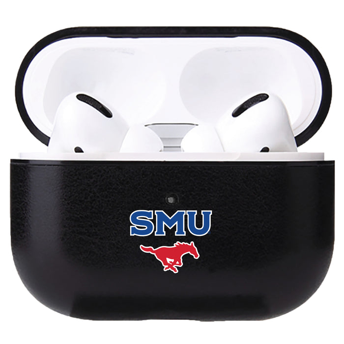Fan Brander Black Leatherette Apple AirPod case with SMU Mustangs Primary Logo