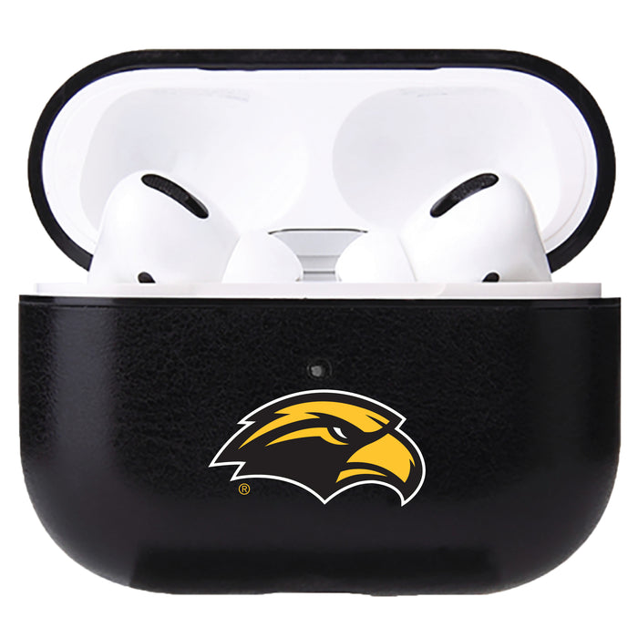 Fan Brander Black Leatherette Apple AirPod case with Southern Mississippi Golden Eagles Primary Logo