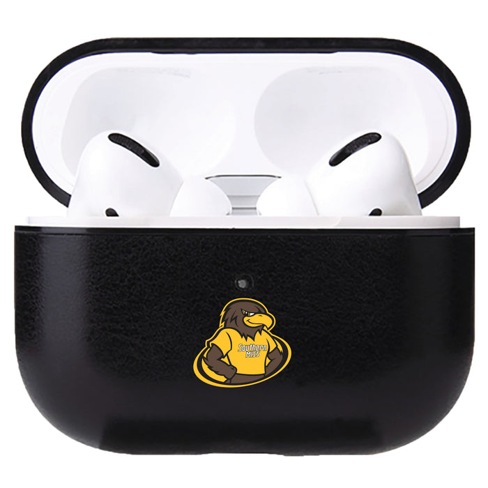 Fan Brander Black Leatherette Apple AirPod case with Southern Mississippi Golden Eagles Secondary Logo
