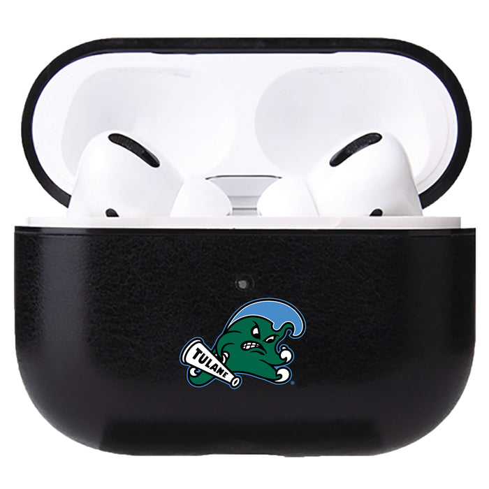 Fan Brander Black Leatherette Apple AirPod case with Tulane Green Wave Primary Logo
