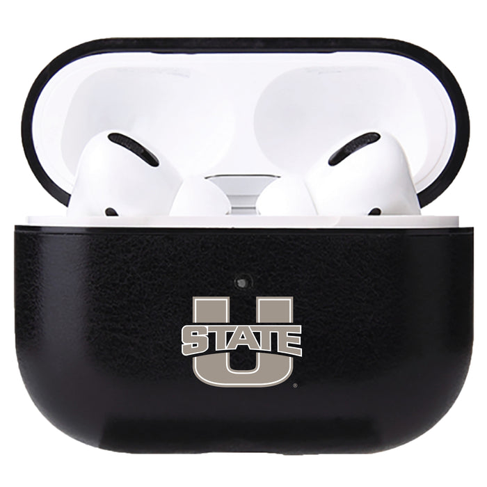 Fan Brander Black Leatherette Apple AirPod case with Utah State Aggies Primary Logo