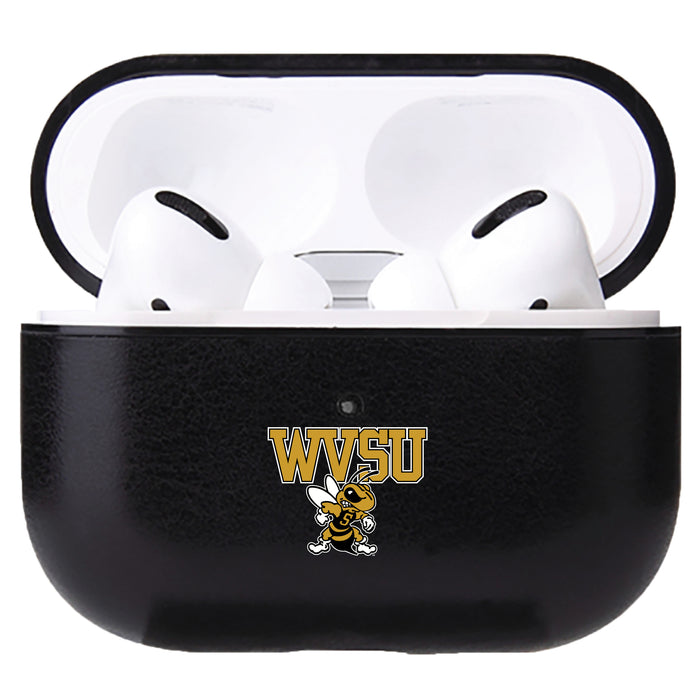 Fan Brander Black Leatherette Apple AirPod case with West Virginia State Univ Yellow Jackets Primary Logo