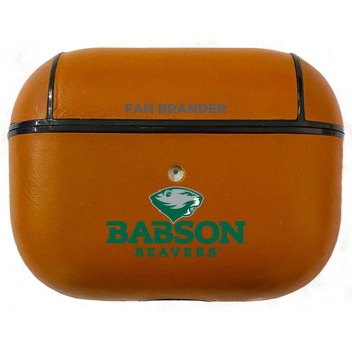 Fan Brander Tan Leatherette Apple AirPod case with Babson University Primary Logo