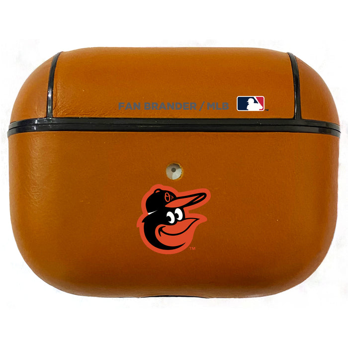 Fan Brander Tan Leatherette Apple AirPod case with Baltimore Orioles Primary Logo