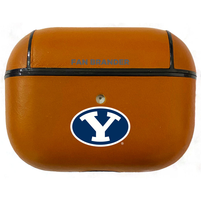 Fan Brander Tan Leatherette Apple AirPod case with Brigham Young Cougars Primary Logo