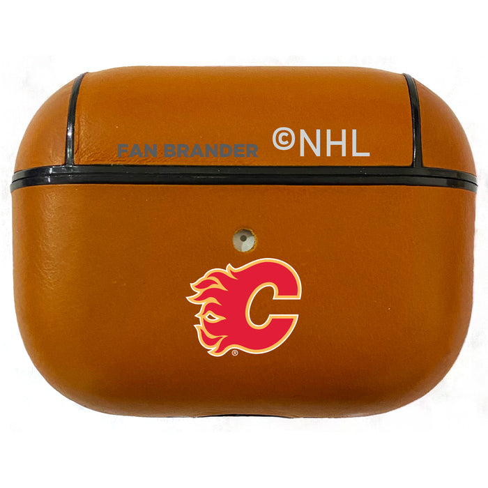 Fan Brander Tan Leatherette Apple AirPod case with Calgary Flames Primary Logo