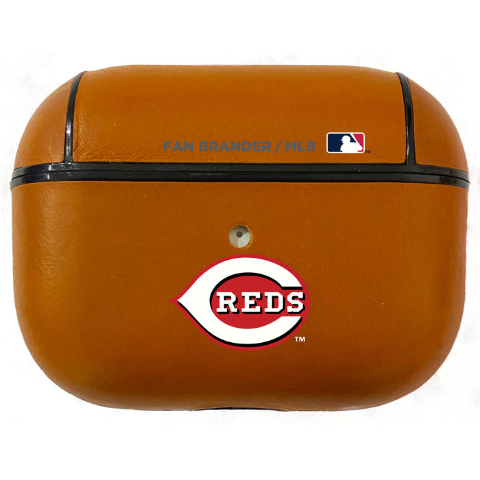 Fan Brander Tan Leatherette Apple AirPod case with Cincinnati Reds Primary Logo